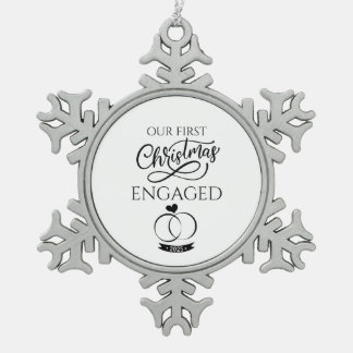 Our First Christmas Engaged 2025 Engagement Snowflake Pewter Christmas Ornament