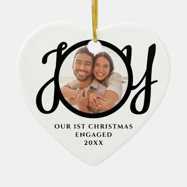 Our First Christmas Engaged 2 Photo Heart-Shaped Ceramic Tree Decoration (Front)