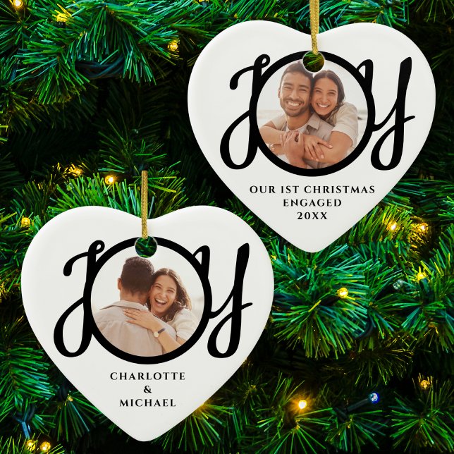 Our First Christmas Engaged 2 Photo Heart-Shaped Ceramic Tree Decoration (Creator Uploaded)