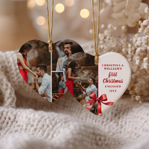 Our First Christmas Engaged 4 Photo Red Bow Heart  Ceramic Tree Decoration