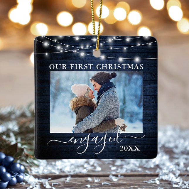 Our First Christmas Engaged Blue Wood Lights Photo Ceramic Ornament (Double Sided Our First Christmas Photo Ornament.)