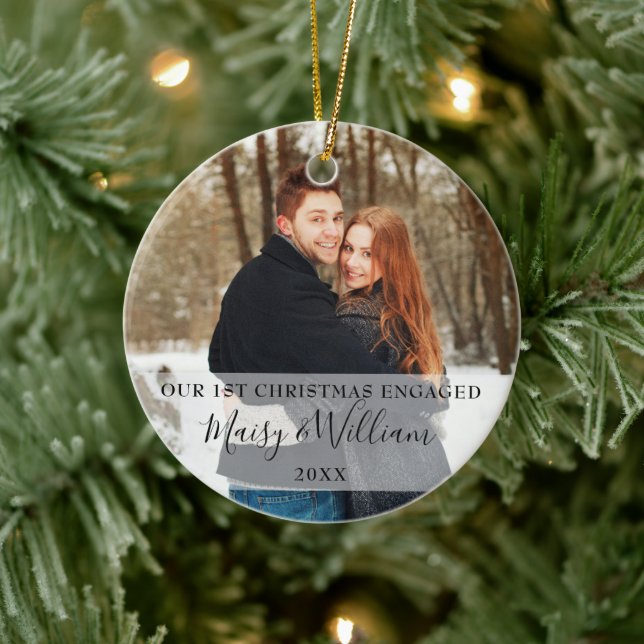 Our First Christmas Engaged Couple Photos Holiday Ceramic Tree Decoration (Tree)
