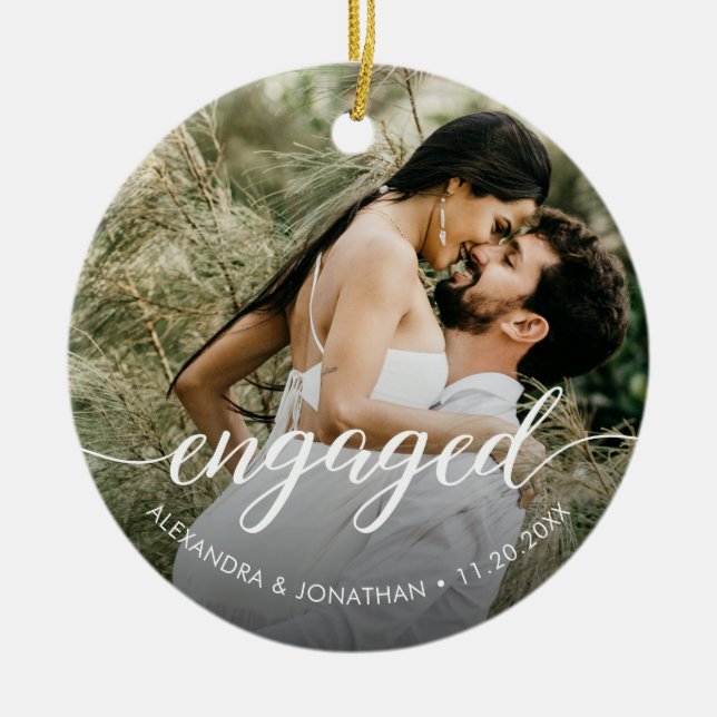 Our first Christmas Engaged Custom Photo Names Ceramic Tree Decoration (Front)