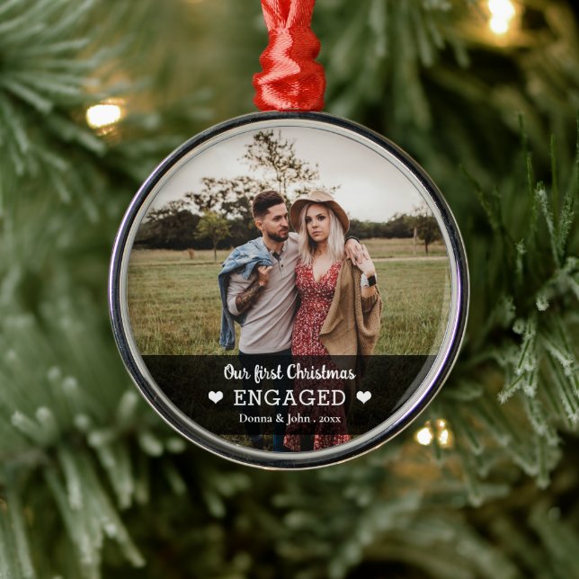 Our First Christmas Engaged Cute Heart Photo Metal Tree Decoration (Tree)