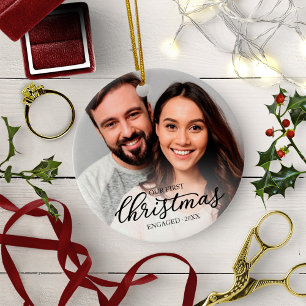 Our First Christmas Engaged Elegant Black Script Ceramic Tree Decoration
