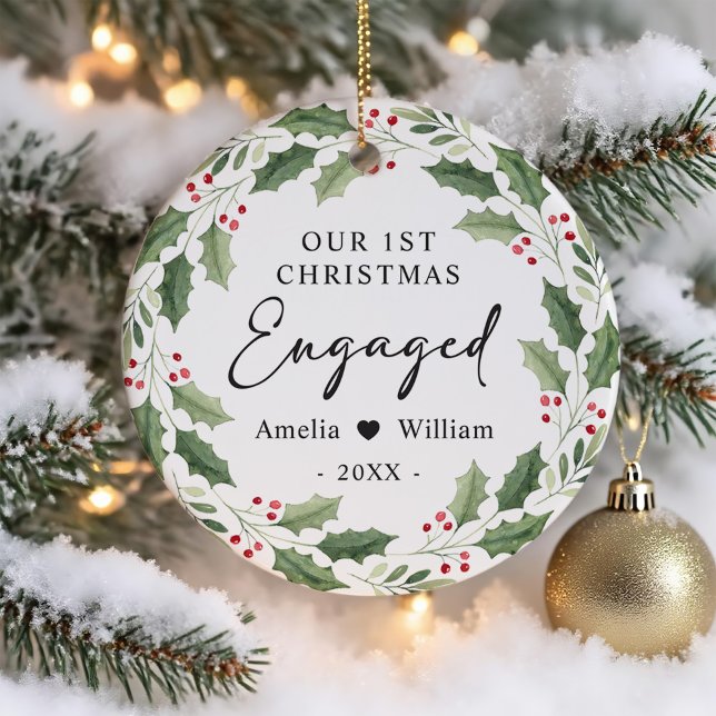Our First Christmas Engaged Floral Greenery Wreath Ceramic Tree Decoration (Creator Uploaded)