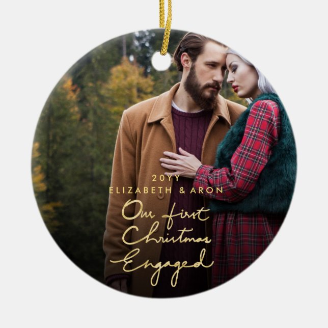 Our First Christmas Engaged Gold Custom Photo Ceramic Tree Decoration (Front)