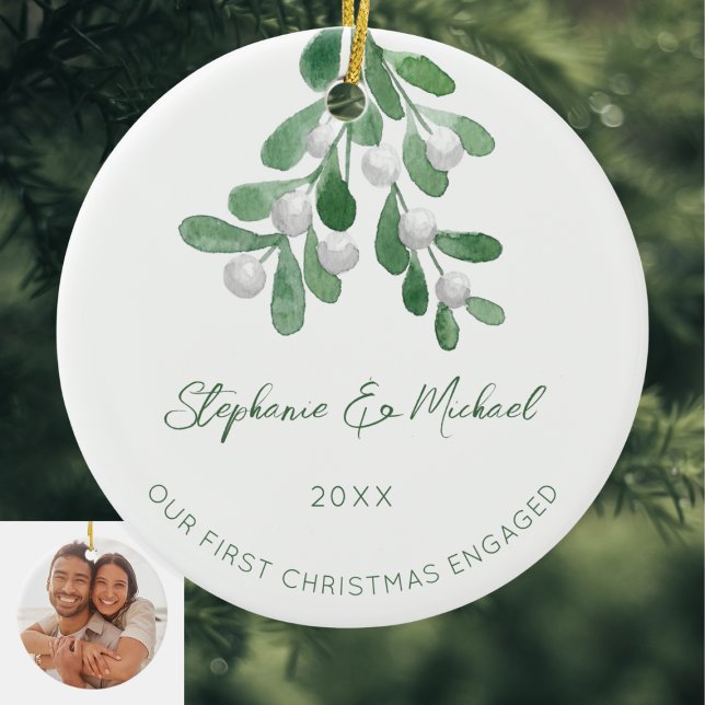 Our First Christmas Engaged Green Mistletoe Photo Ceramic Tree Decoration (Creator Uploaded)