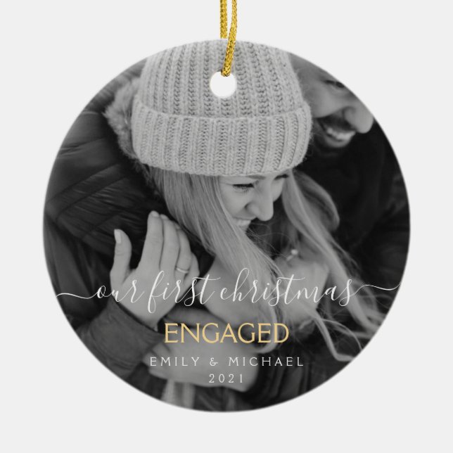 Our First Christmas Engaged Hand Lettered Photo Ceramic Tree Decoration (Front)