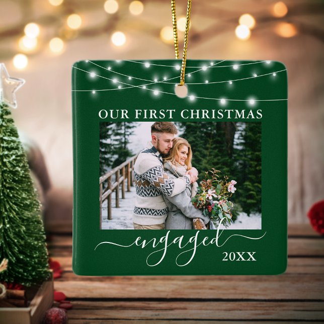 Our First Christmas Engaged Lights Photo Green Ceramic Ornament (Double Sided Our First Christmas Photo Ornament.)