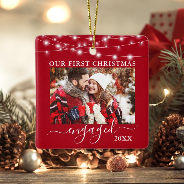 Our First Christmas Engaged Lights Photo Red Ceramic Ornament (Double Sided Our First Christmas Photo Ornament.)