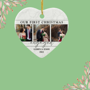 Our First Christmas Engaged Minimal  Photo Collage Ceramic Tree Decoration