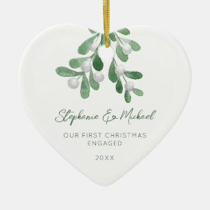 Our First Christmas Engaged Mistletoe Heart Ceramic Tree Decoration