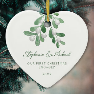 Our First Christmas Engaged Mistletoe Heart  Ceramic Tree Decoration
