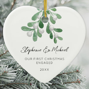 Our First Christmas Engaged Mistletoe Heart  Ceramic Tree Decoration