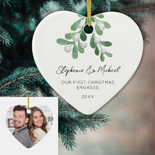 Our First Christmas Engaged Mistletoe Photo Heart  Ceramic Tree Decoration