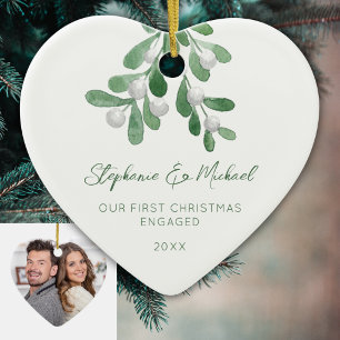 Our First Christmas Engaged Mistletoe Photo Heart  Ceramic Tree Decoration