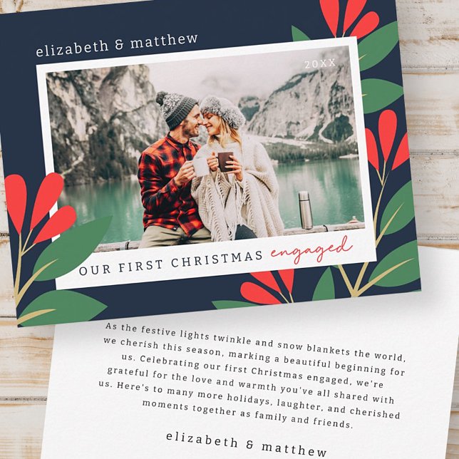 Our First Christmas Engaged Modern Foliage Photo Card (Creator Uploaded)