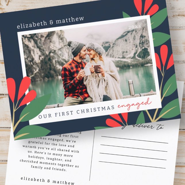 Our First Christmas Engaged Modern Foliage Photo Postcard (Creator Uploaded)