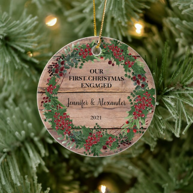 Our first Christmas engaged on wood berries Ceramic Tree Decoration (Tree)