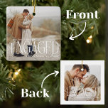 Our First Christmas Engaged Overlay 2 Photo<br><div class="desc">Celebrate this special milestone with our "Our First Christmas Engaged Overlay 2 Photo Ceramic Ornament." It features an elegant white modern script overlay that reads "Our First Christmas Engaged." This timeless design creates a beautiful keepsake to commemorate your engagement. Customise the ornament by adding your names and the year of...</div>
