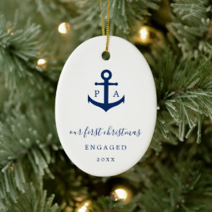 Our First Christmas Engaged Photo Anchor Monogram Ceramic Tree Decoration
