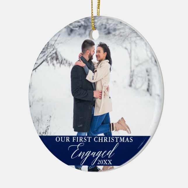 Our First Christmas Engaged Photo Blue Ceramic Tree Decoration (Left)