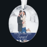 Our First Christmas Engaged Photo Blue Ornament<br><div class="desc">Our First Christmas Engaged Couple Photo Blue Ornament with Snowflakes back.</div>