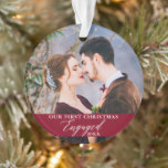Our First Christmas Engaged Photo Burgundy Ornament<br><div class="desc">Our First Christmas Engaged Couple Photo Burgundy Ornament with Snowflakes back.</div>