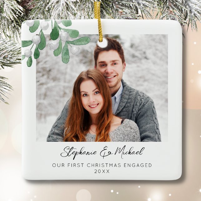 Our First Christmas Engaged Photo Ceramic Ornament (Creator Uploaded)