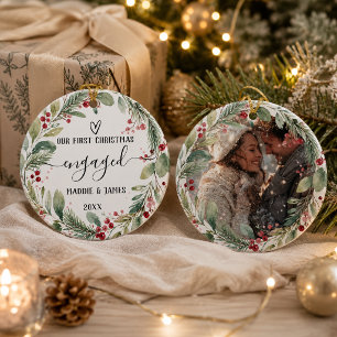 Our First Christmas Engaged Photo Couple Wreath Ceramic Tree Decoration