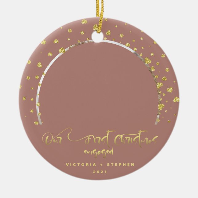 Our First Christmas Engaged Photo Gold Hearts  Ceramic Tree Decoration (Front)
