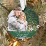 Our First Christmas Engaged Photo Green Ornament<br><div class="desc">Our First Christmas Engaged Couple Photo Green Ornament with Snowflakes back.</div>
