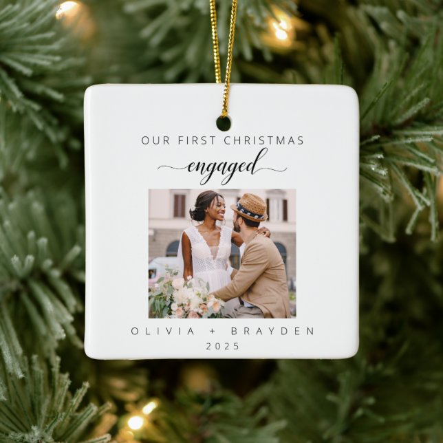 Our First Christmas Engaged Photo Holiday Ceramic Ornament (Tree)