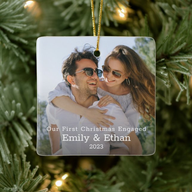 Our First Christmas Engaged Photo Minimal Modern C Ceramic Ornament (Tree)