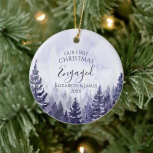 Our First Christmas Engaged Photo Pine Tree Forest Ceramic Tree Decoration
