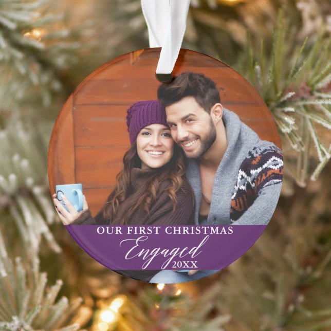 Our First Christmas Engaged Photo Purple Ornament (Tree)
