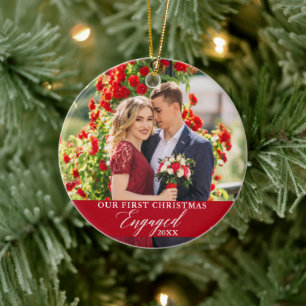 Our First Christmas Engaged Photo Red Ceramic Tree Decoration
