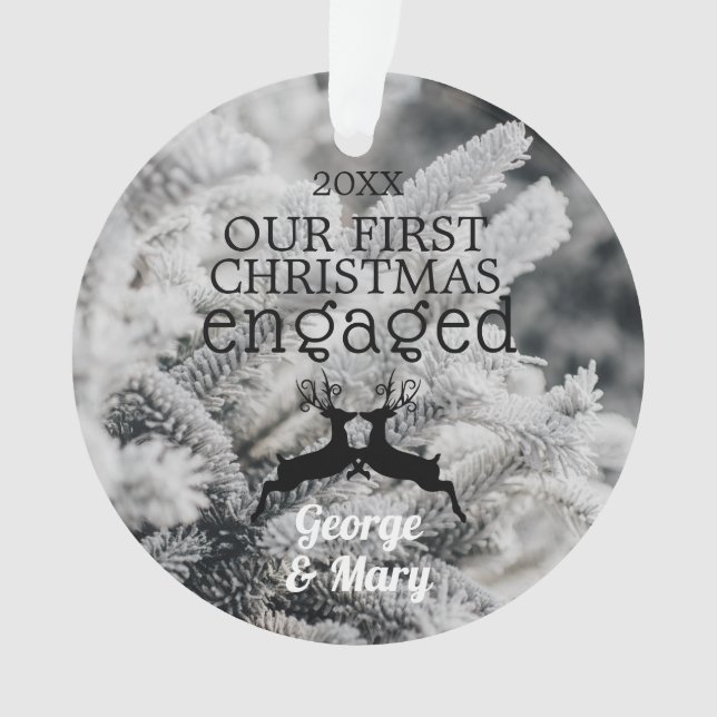 Our First Christmas Engaged Pine Trees Winter B&W Ornament (Front)