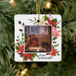 Our First Christmas Engaged Poinsettia Photo Ceramic Ornament
