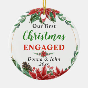 Our First Christmas Engaged   Poinsettia Wreath Ceramic Tree Decoration