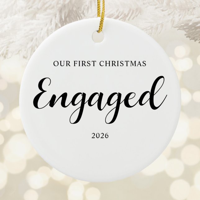 Our First Christmas Engaged Pretty Calligraphy Ceramic Tree Decoration (Our First Christmas Engaged Pretty Calligraphy Ceramic Ornament)