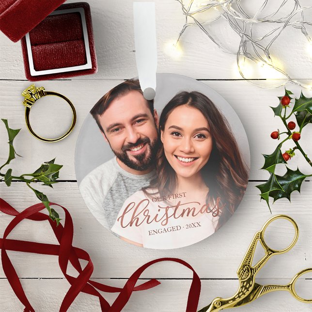 Our First Christmas Engaged Rose Gold Script Ornament (Creator Uploaded)