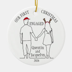 Our First Christmas Engaged Santa Hat & Antlers Ceramic Tree Decoration