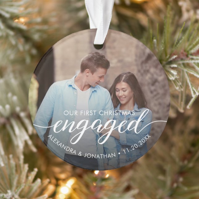 Our First Christmas Engaged Script Custom Photo Ornament (Tree)