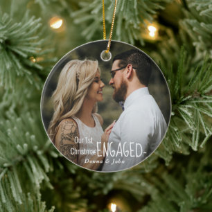 Our First Christmas Engaged Script Elegant Photo Ceramic Tree Decoration