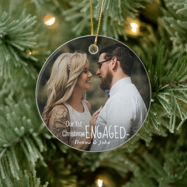 Our First Christmas Engaged Script Elegant Photo Ceramic Tree Decoration (Tree)