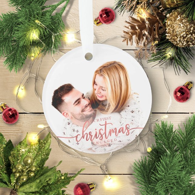 Our First Christmas Engaged Simple Elegant Photo Ornament (Creator Uploaded)
