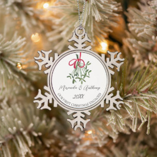 Our First Christmas Engaged Watercolor Mistletoe Snowflake Pewter Christmas Ornament