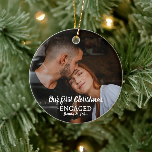 Our First Christmas Engaged Whimsical Script Photo Ceramic Tree Decoration (Tree)